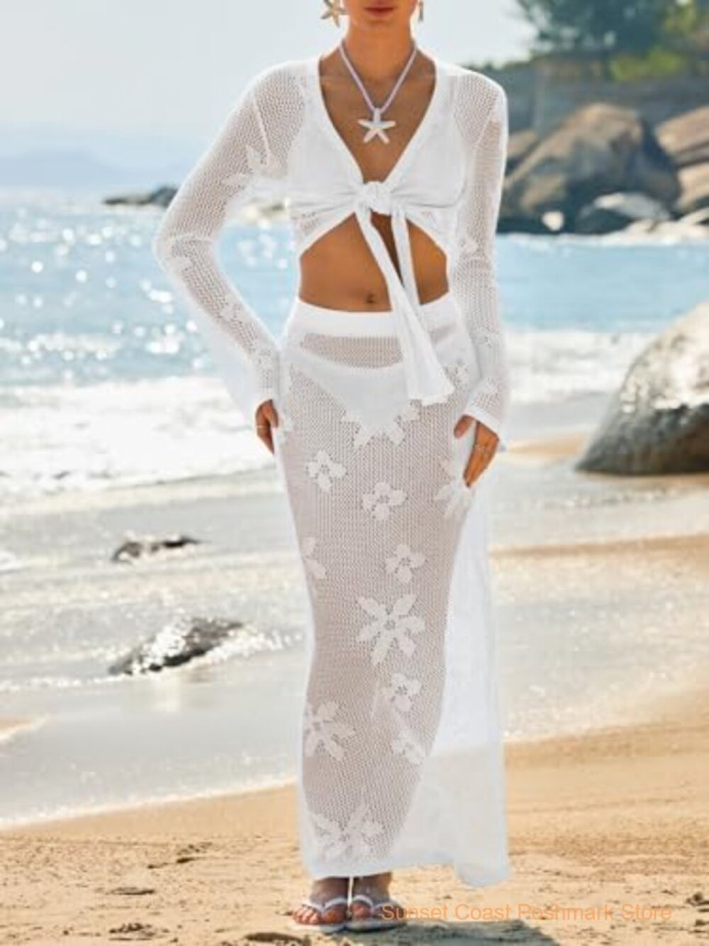 Crochet Swim Cover Up Set V Neck Long Sleeve Wrap Tie Beach - Picture 2 of 7